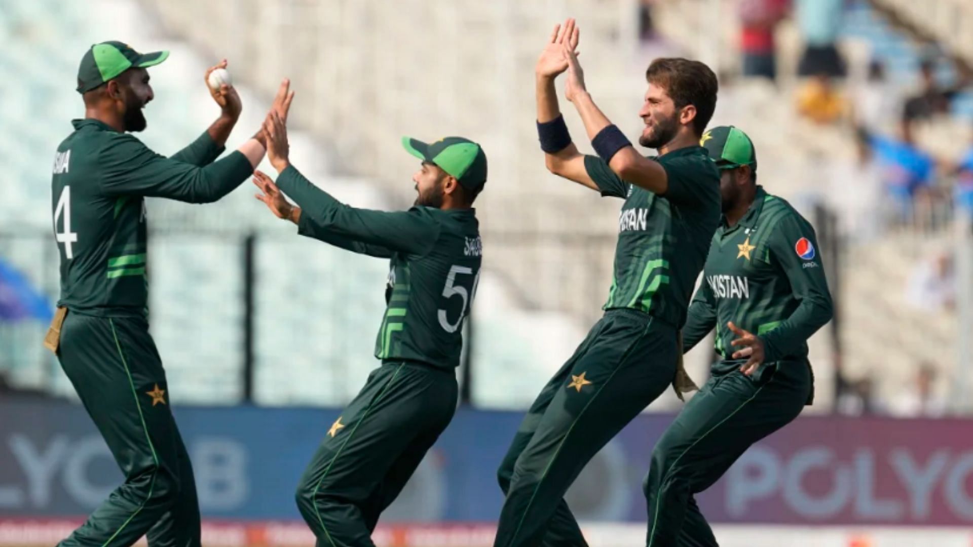 EShaheen Afridi celebrates with teammates after bagging his second wicket against Bangladesh. (Pic: AP)